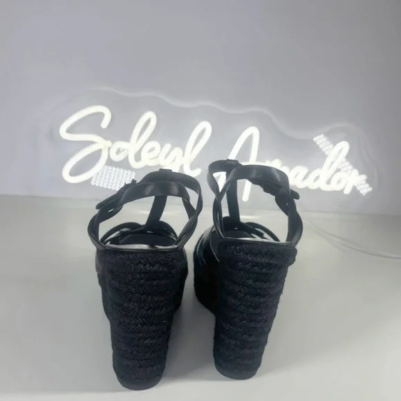 Saint Laurent Tribute Wedge Espadrilles Black Leather Platform Designer Sandals - Picture 6 of 10